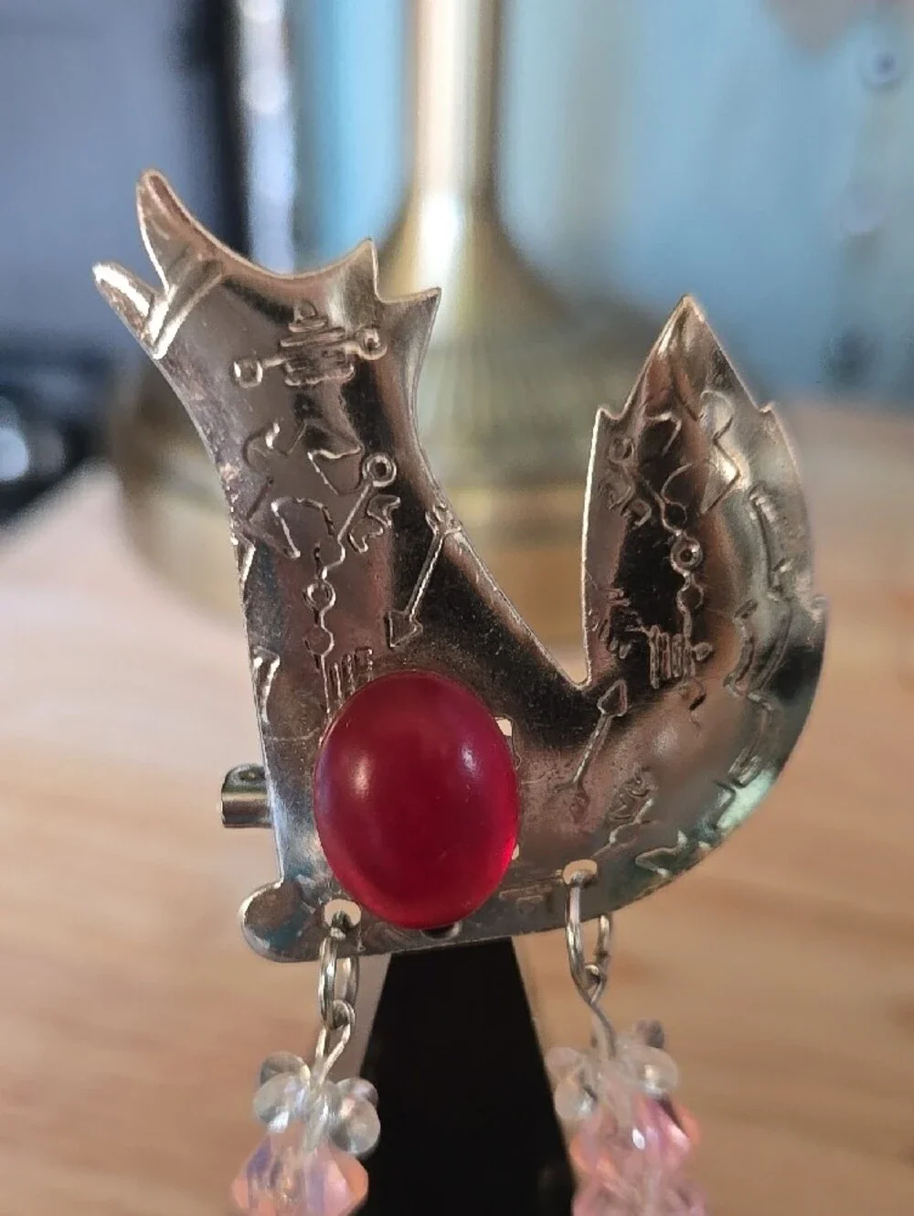 Vintage-native American Inspired Wolf Statement Brooch with Pink Beaded Dangles